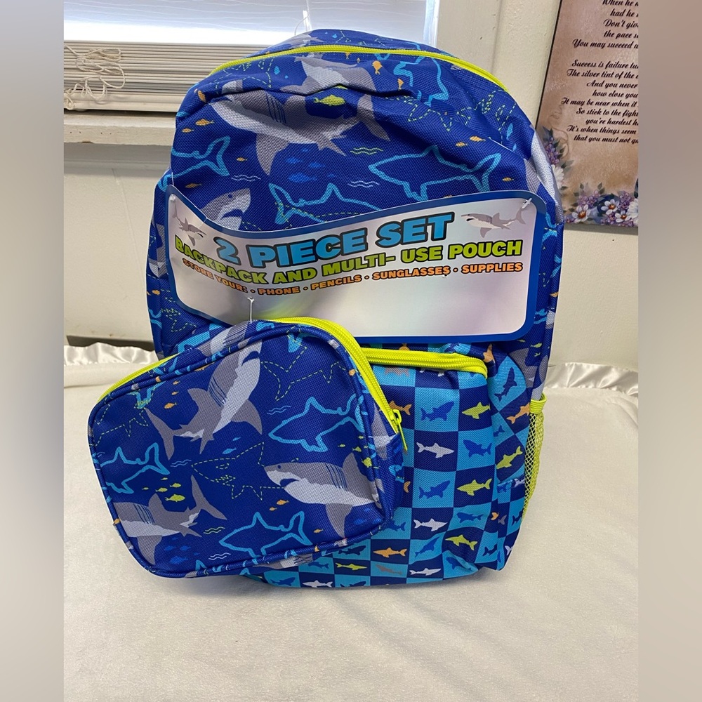 SHARK BACKPACK & LUNCH BAG SET  School bag 18” Kids Ocean NEW 2 piece